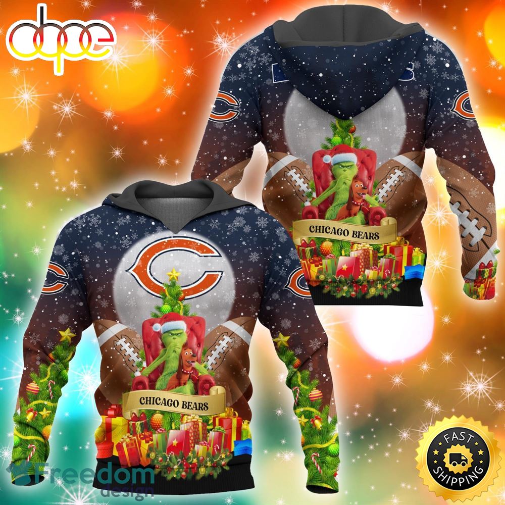 Chicago Bears NFL Grinch Christmas Tree 3D Hoodie Pullover Prints Sskwyq