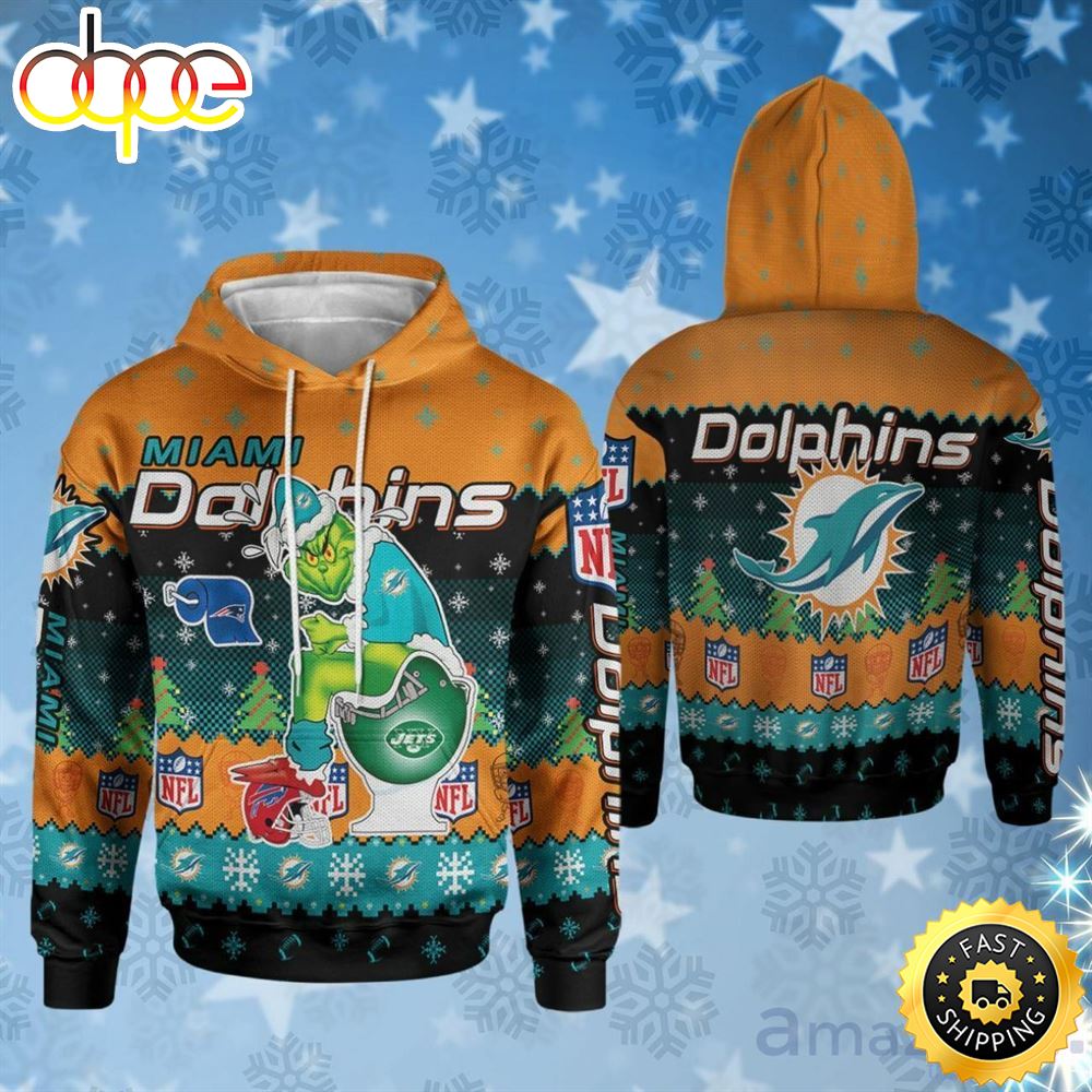 Christmas Miami Dolphins Grinch In Toilet Christmas 3D Pullover Hoodie F3qjjd