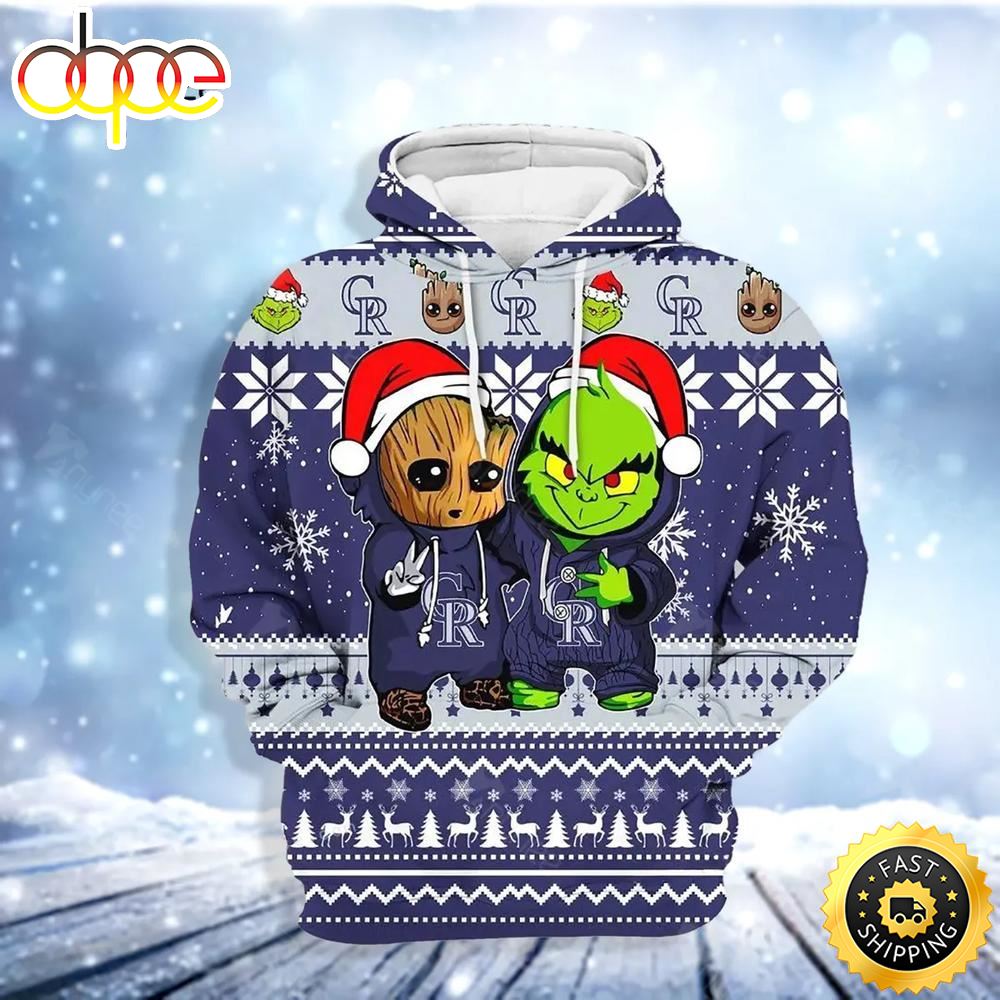 Colorado Rockies Baby Groot And Grinch Best Friends Football American Christmas 3D Hoodie Dehxed