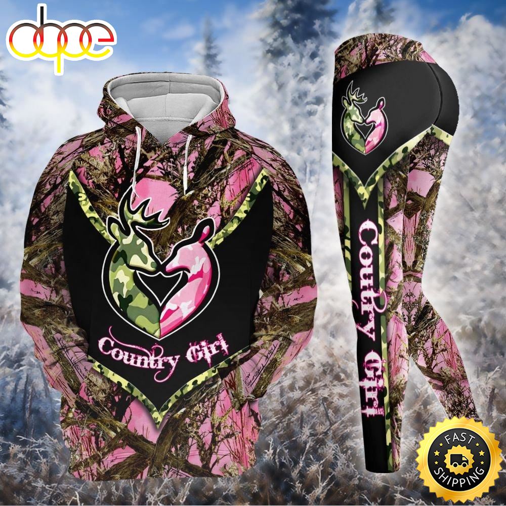 Country Girl Deer All Over Print Leggings Hoodie Set Outfit For Women