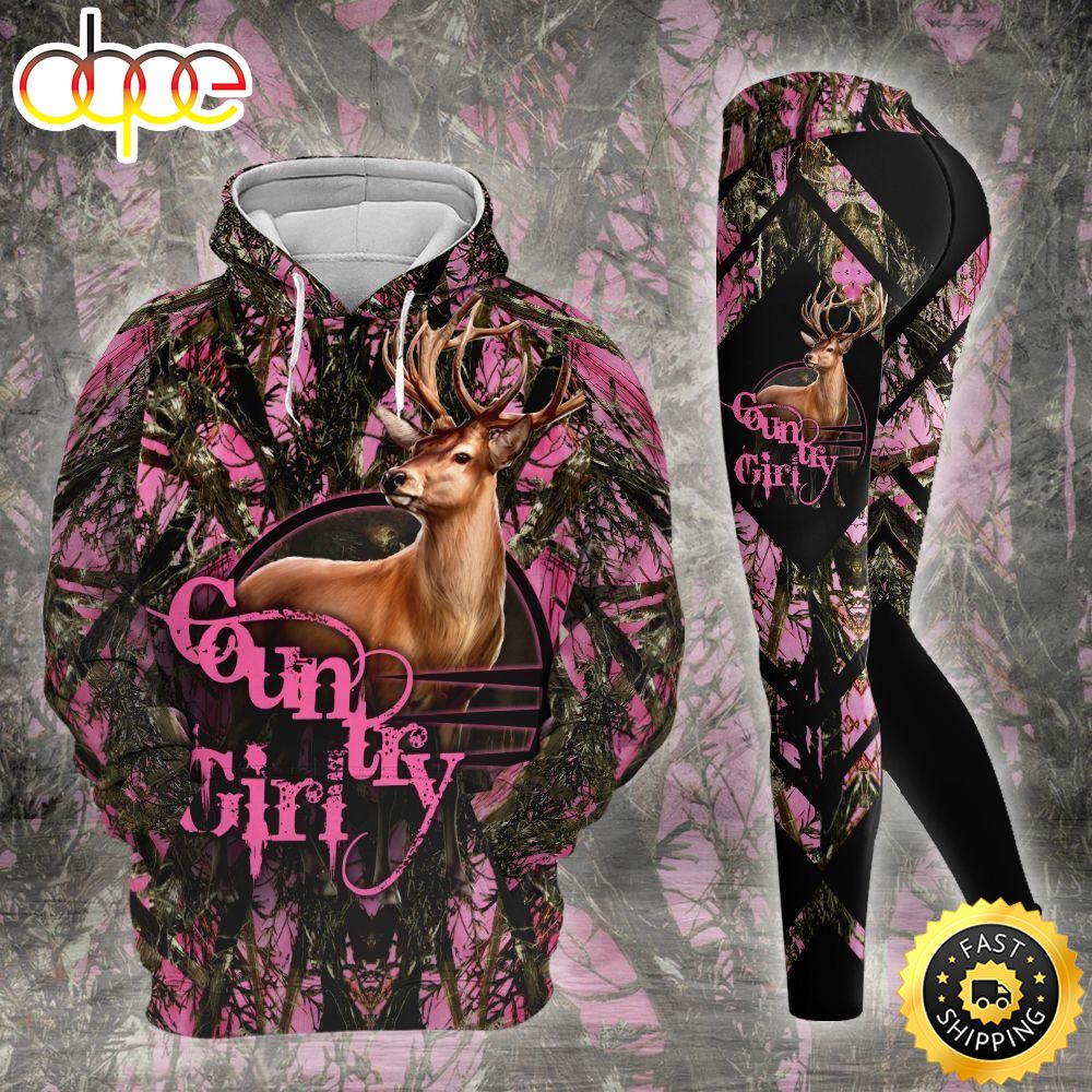 Country Girl Pink All Over Print Leggings Hoodie Set Outfit For Women
