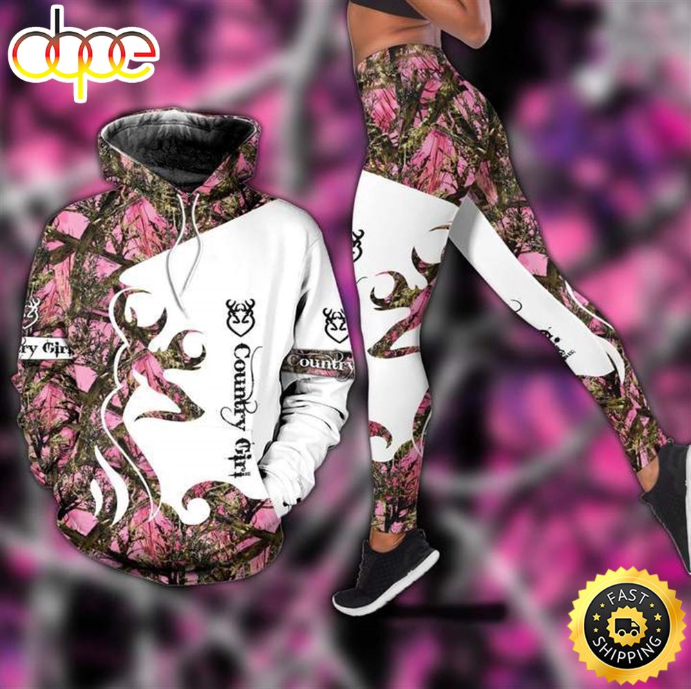 Country Girl Pink White All Over Print Leggings Hoodie Set Outfit For Women