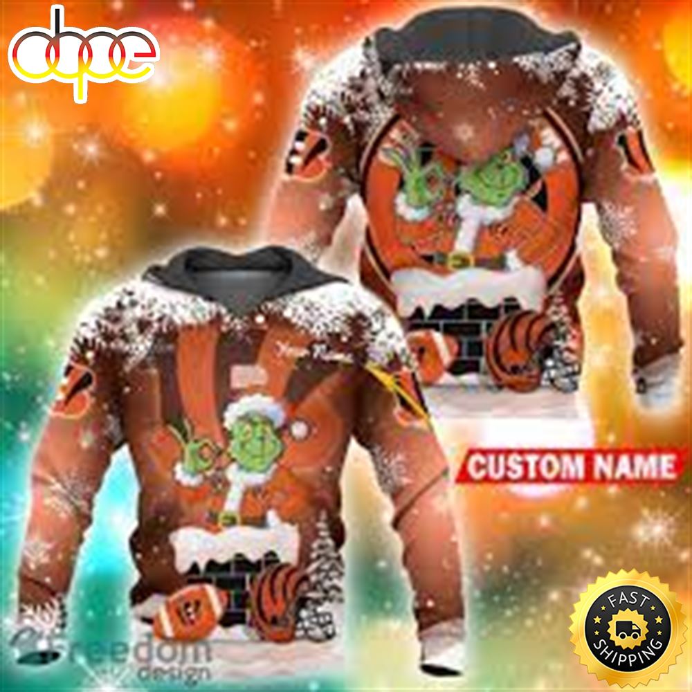 Custom Cincinnati Bengals NFL Christmas Grinch In Chimney 3D Hoodie Pullover Prints Custom Name G3sgkk