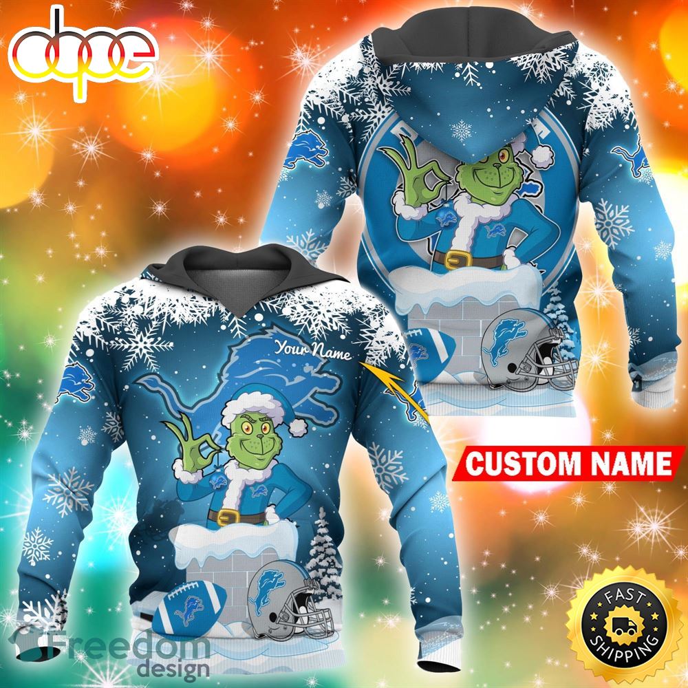 Custom Detroit Lions NFL Christmas Grinch In Chimney 3D Hoodie Pullover Prints Custom Name Nsl2eo