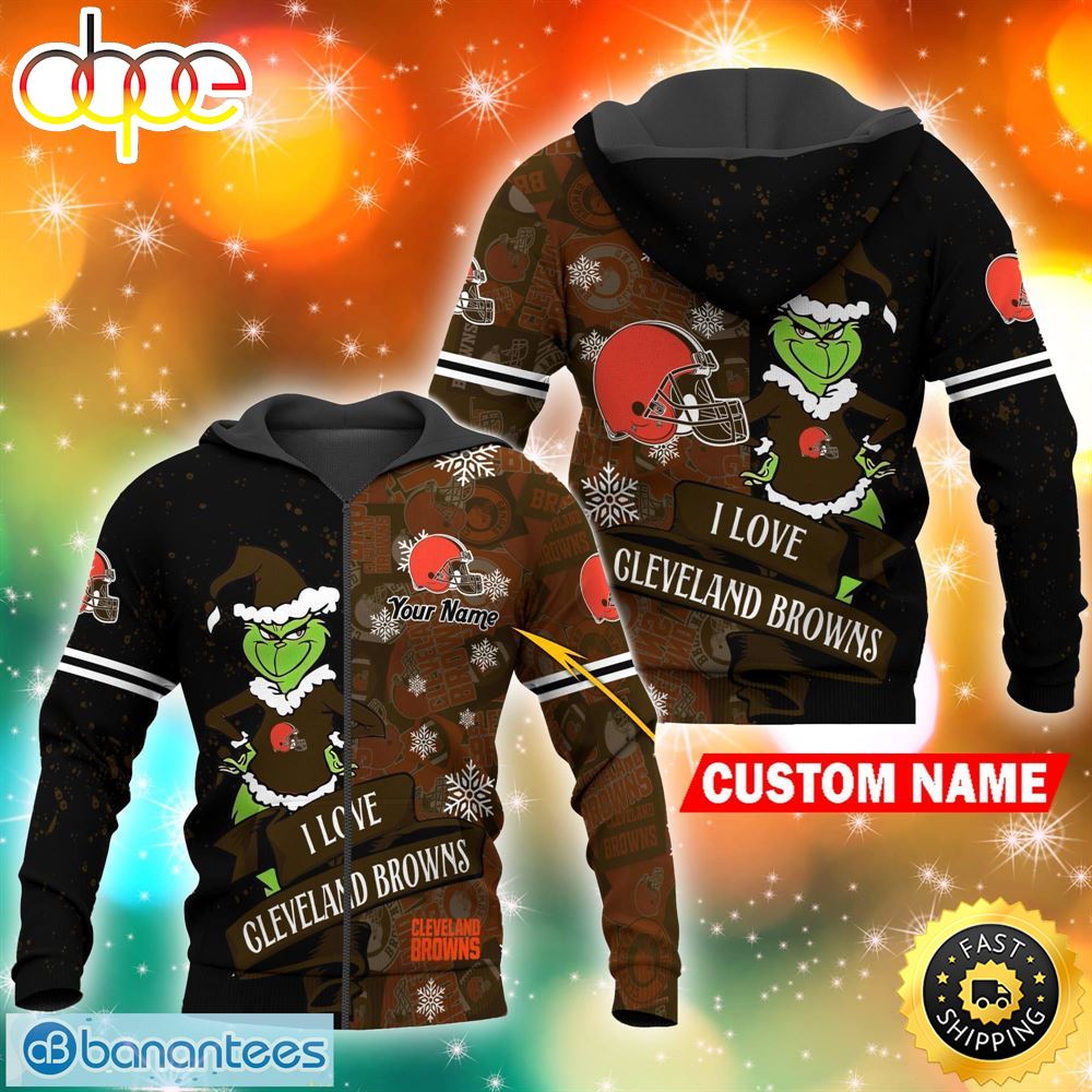 Custom I Love Cleveland Browns NFL Grinch 3D Hoodie And Long Pants Set Gift Christmas Personalized Kutuq1