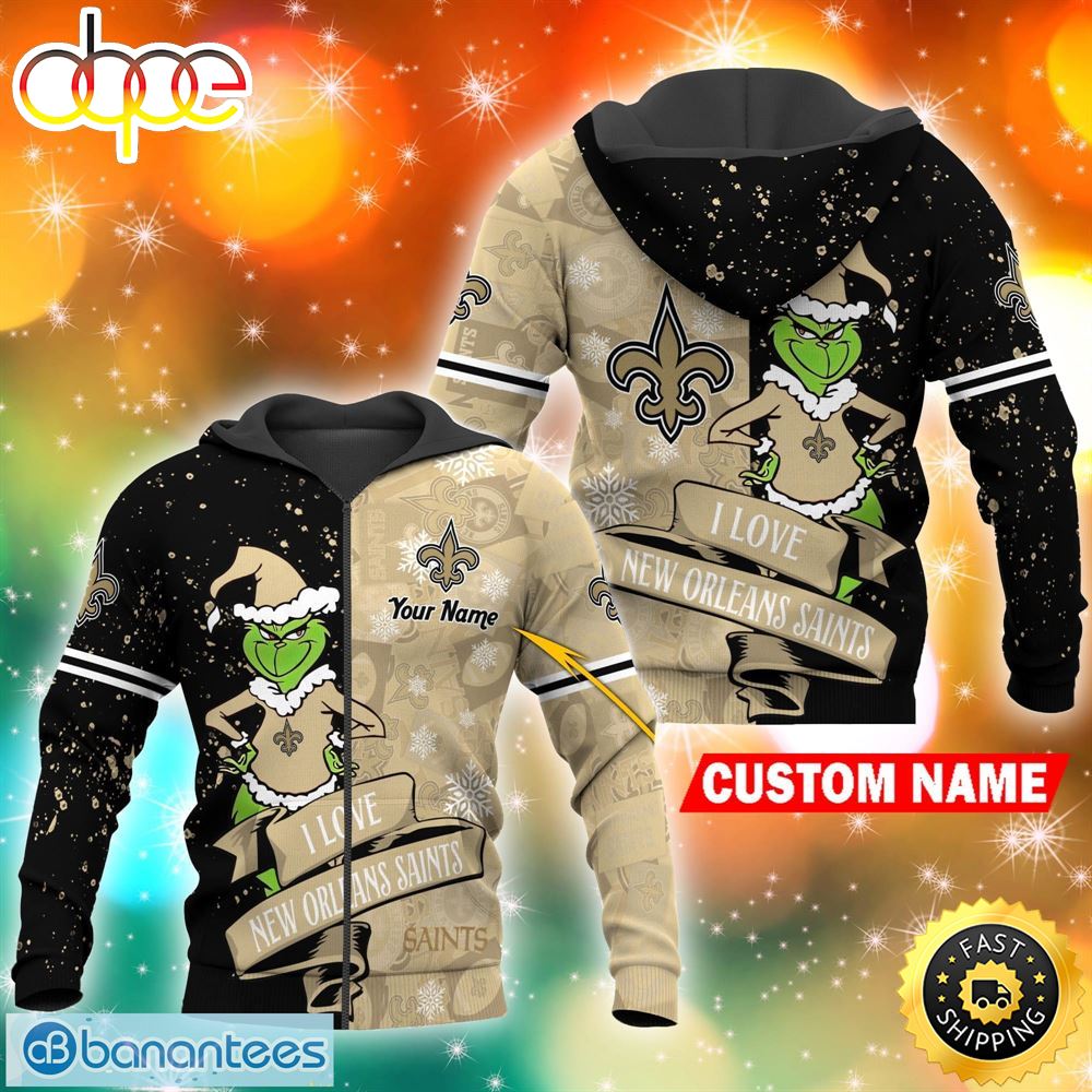 Custom I Love New Orleans Saints NFL Grinch 3D Hoodie And Long Pants Set Gift Christmas Personalized Wwb8yh