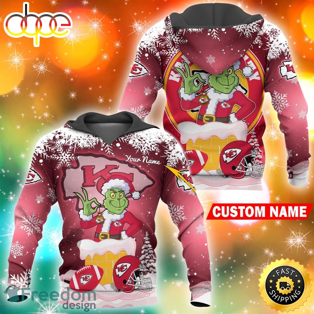 Custom Kansas City Chiefs NFL Christmas Grinch In Chimney 3D Hoodie Pullover Prints Custom Name M8i9zu