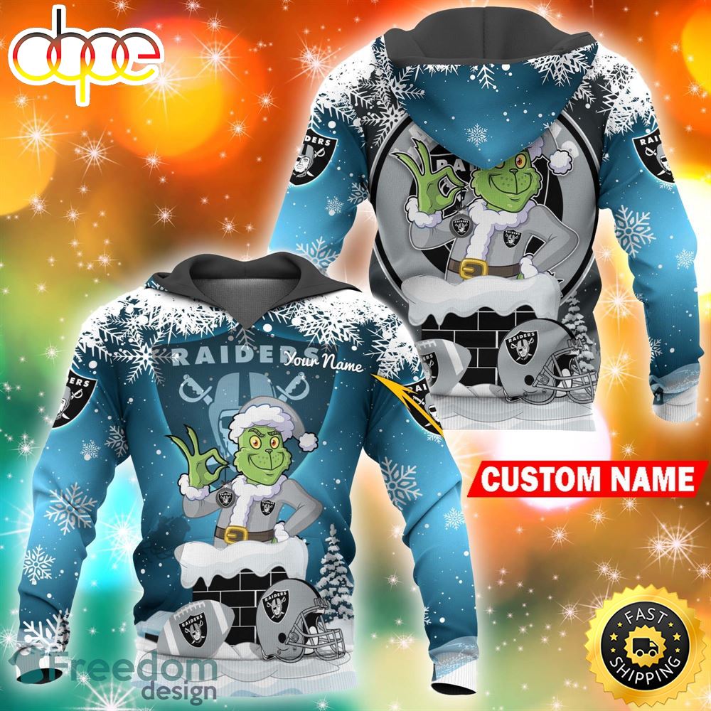 Custom Las Vegas Raiders NFL Christmas Grinch In Chimney 3D Hoodie Pullover Prints Custom Name Ugt2ft