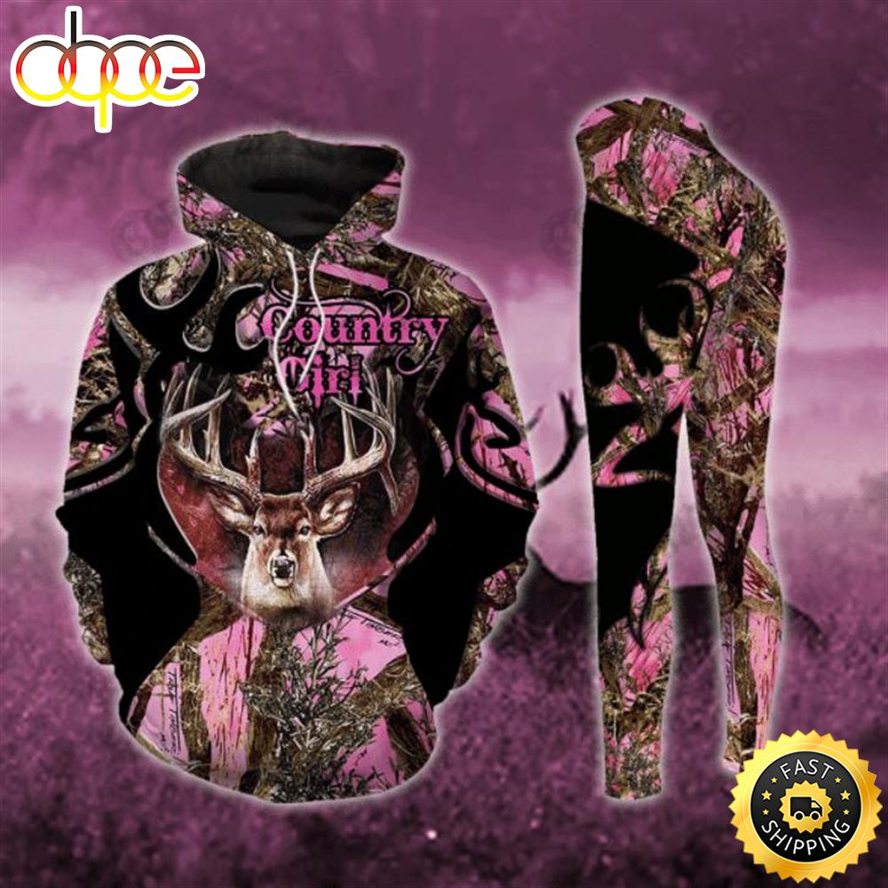 Deer Country Girl Hot Pink All Over Print Leggings Hoodie Set Outfit For Women Jk53hc.jpg