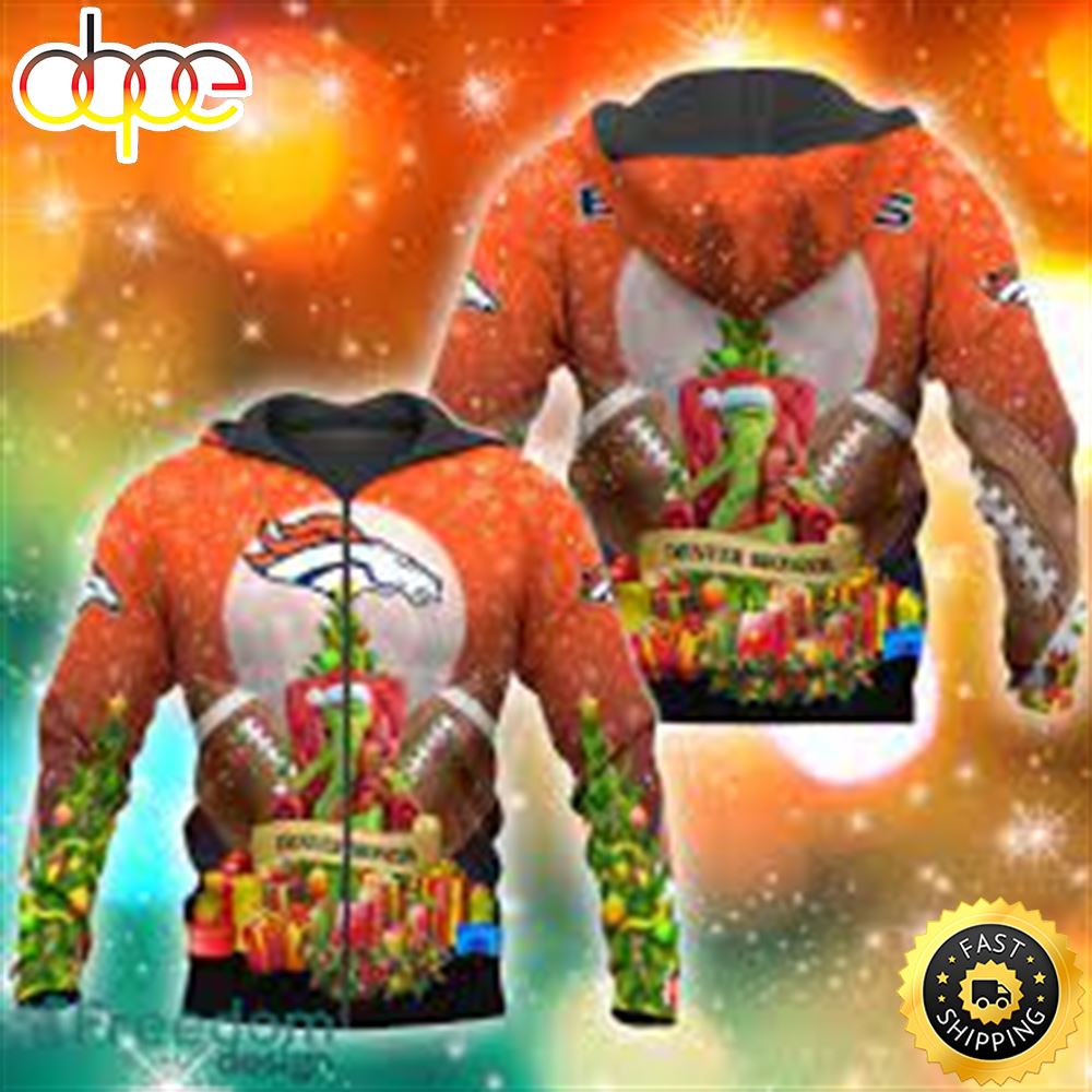 Denver Broncos NFL Grinch Christmas Tree 3D Hoodie Pullover Prints Ei5qk6