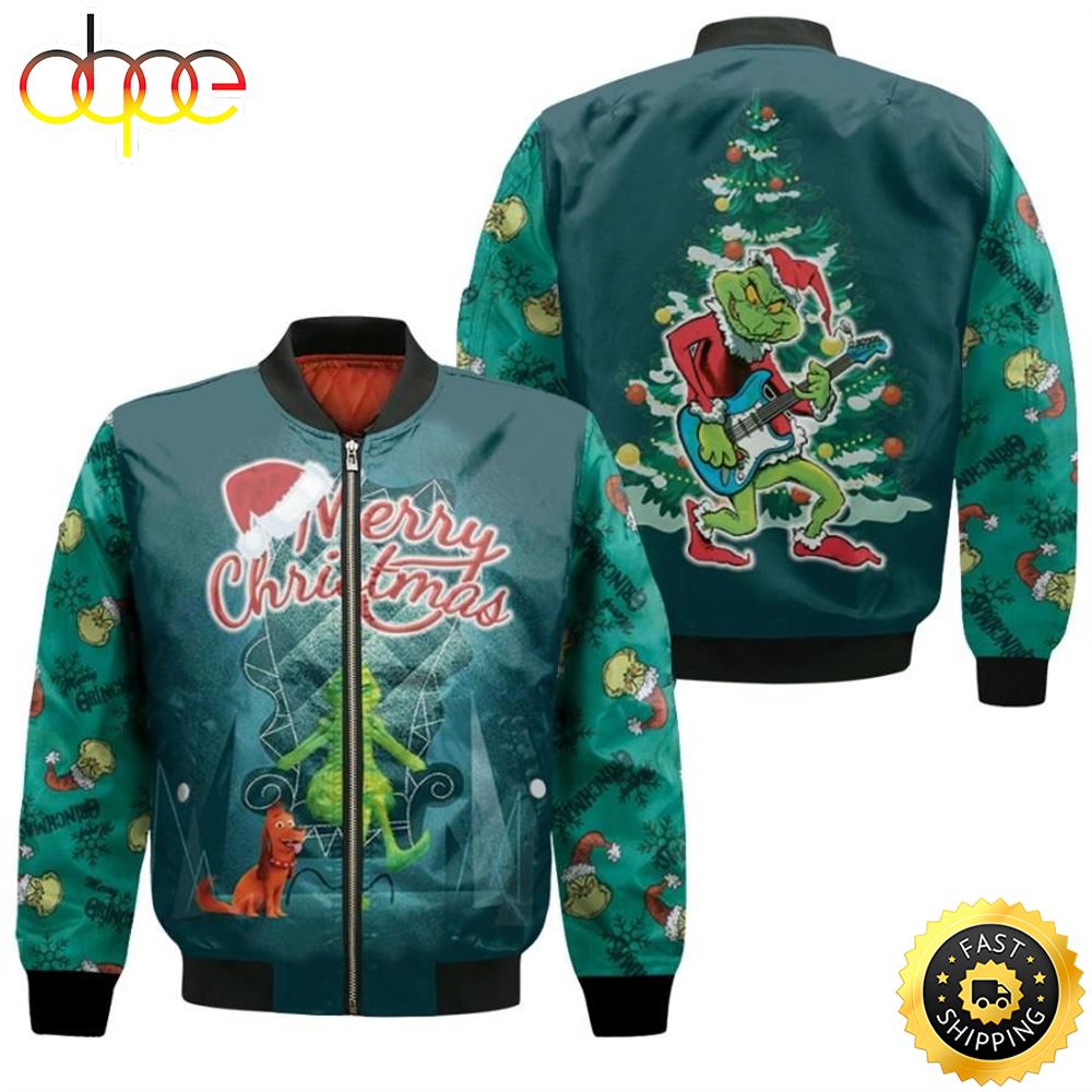 Grinch Christmas Merry Christmas King Playing Guitar Christmas Tree 3D Designed Allover Gift For Grinch Fans Christmas Fans Bomber Jacket Ouhoyf.jpg