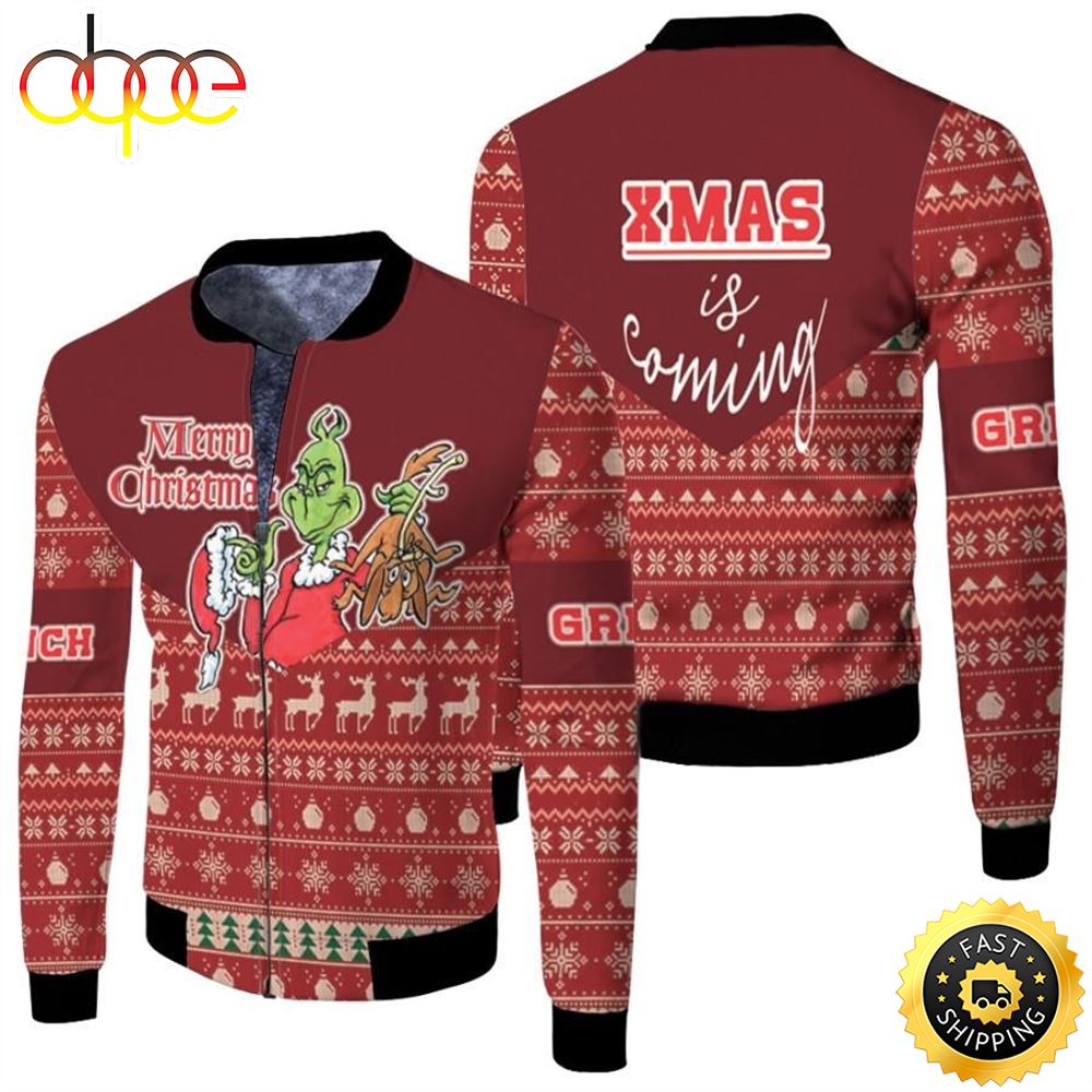 Grinch Christmas XMas Is Coming Merry Christmas Deer Tree Pattern 3D Allover Gift For Grinch Fans Christmas Fans Bomber Jacket Fjymyi.jpg