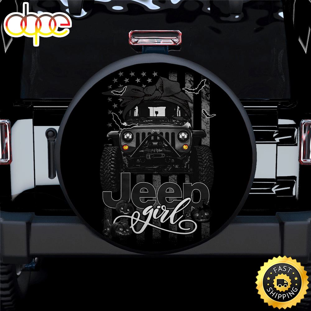 Halloween American Flag Black Jeep Girl Car Spare Tire Covers Gift For Campers Gxqvdr