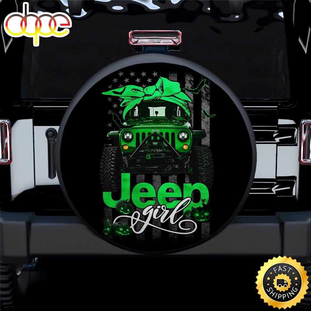 Halloween American Flag Dark Green Jeep Girl Car Spare Tire Covers Gift For Campers Pbdyv6