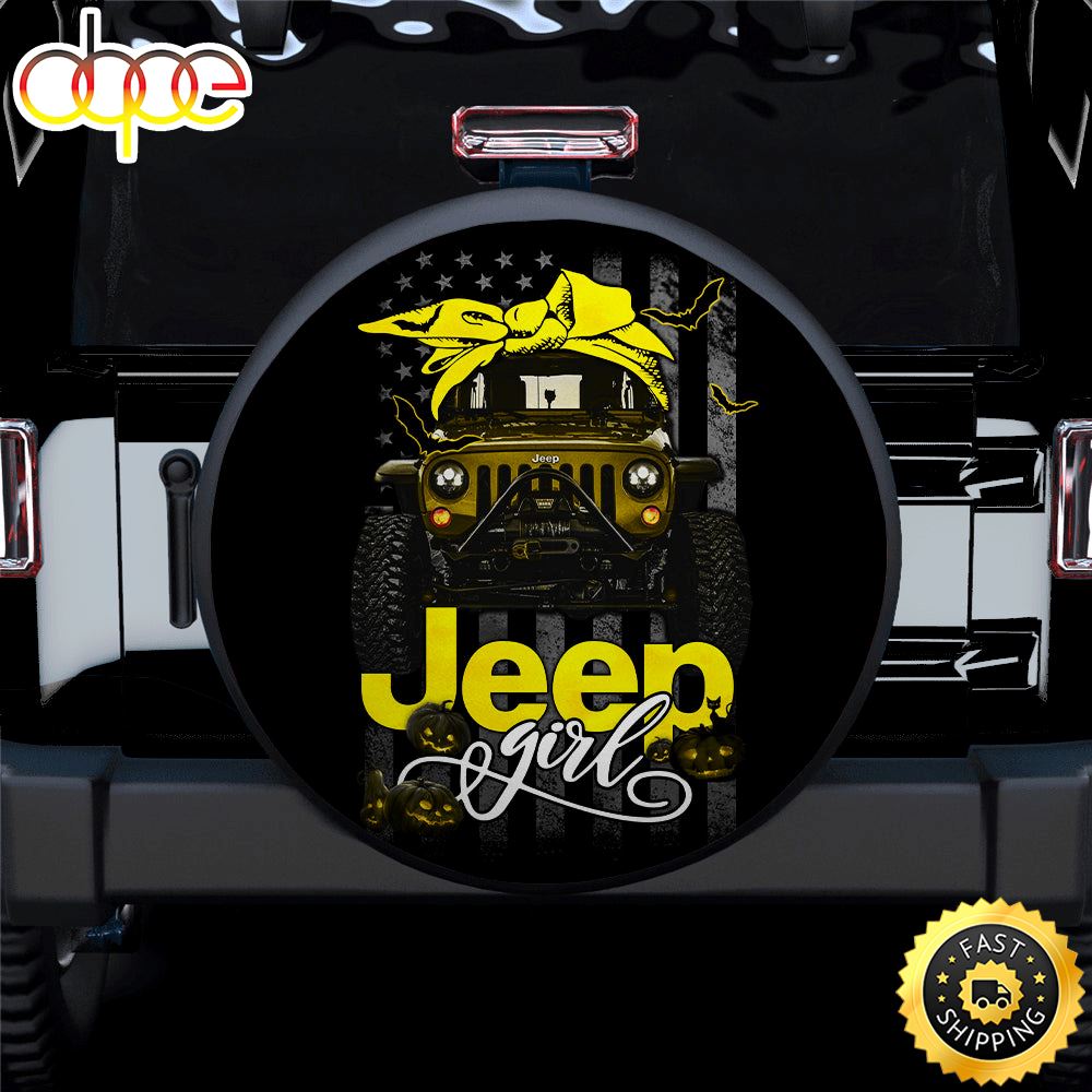 Halloween American Flag Yellow Jeep Girl Car Spare Tire Covers Gift For Campers Zuvm0i
