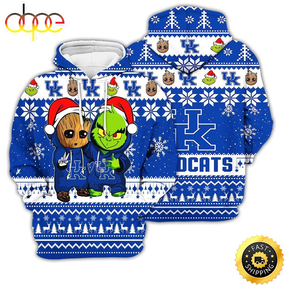 Kentucky Wildcats Baby Groot And Grinch Best Friends Football American Ugly Christmas Sweater New Trends For Fans Club Gifts Unisex 3D Hoodie Lzg0rg