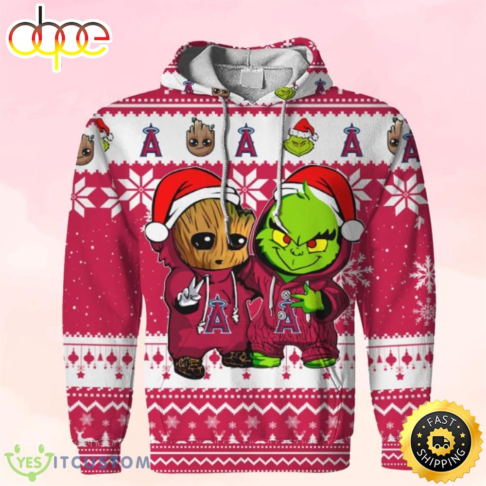 Los Angeles Angels Baby Groot And Grinch Ugly Christmas 3D Hoodie Rb371z