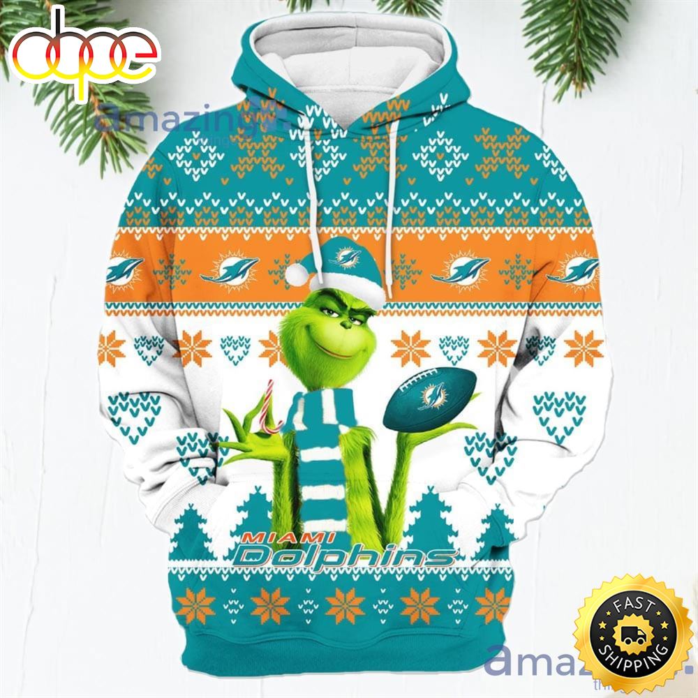 Merry Christmas 2023 Super Bowl American Grinch Cute Dolphins 3D Hoodie Christmas Gift For Men Women Piswkc