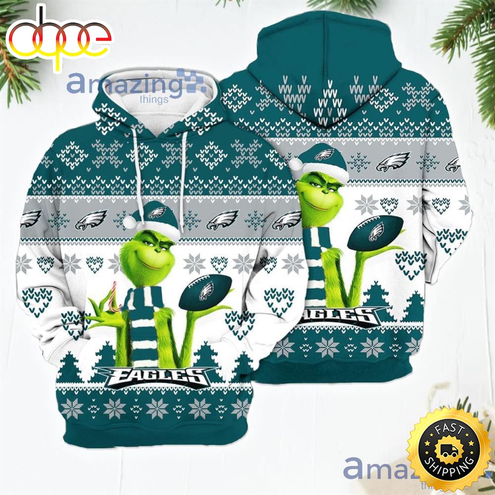 Merry Christmas 2023 Super Bowl American Grinch Cute Eagles 3D Hoodie Christmas Gift For Men Women Uyiew7