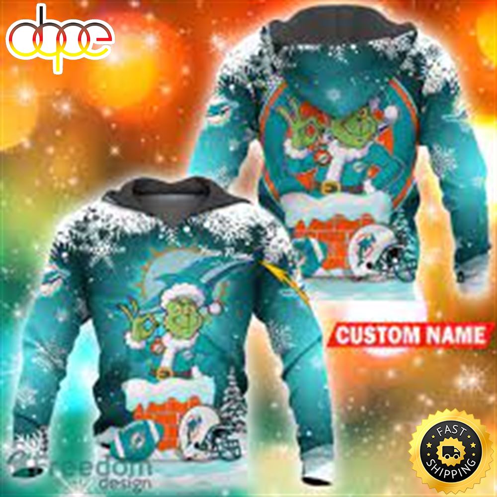 Miami Dolphins NFL Christmas Grinch In Chimney 3D Hoodie Pullover Prints Custom Name Habtki