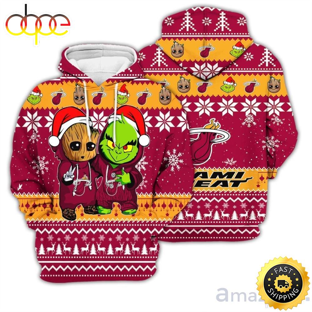 Miami Heat Baby Groot And Grinch Best Friends 3D Hoodie Christmas Sweater Qcchmp