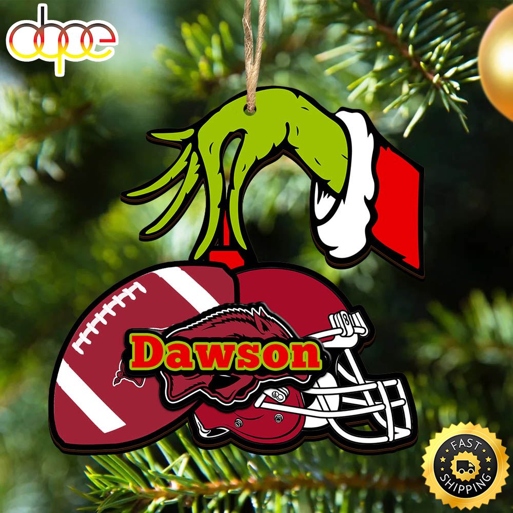 Arkansas Razorbacks Personalized Your Name Grinch And Football Ornament