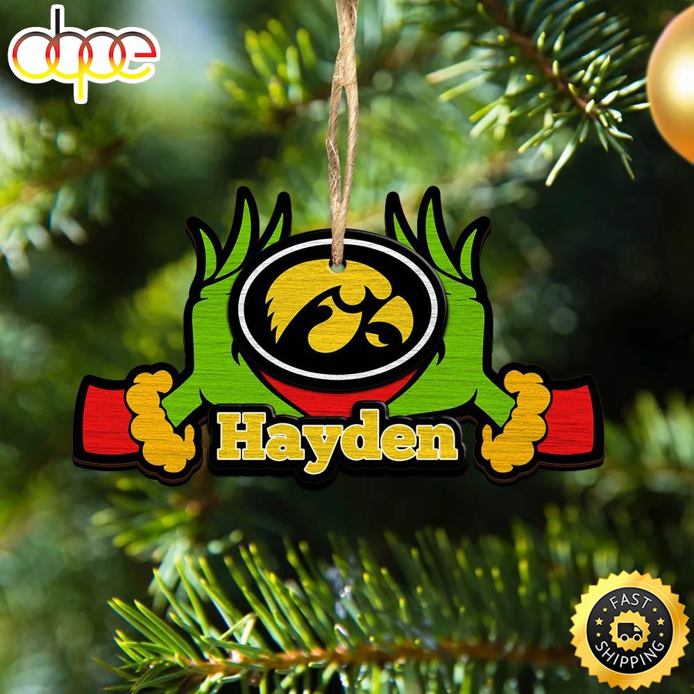 NCAA Iowa Hawkeyes Grinch Christmas Ornament Personalized Your Name