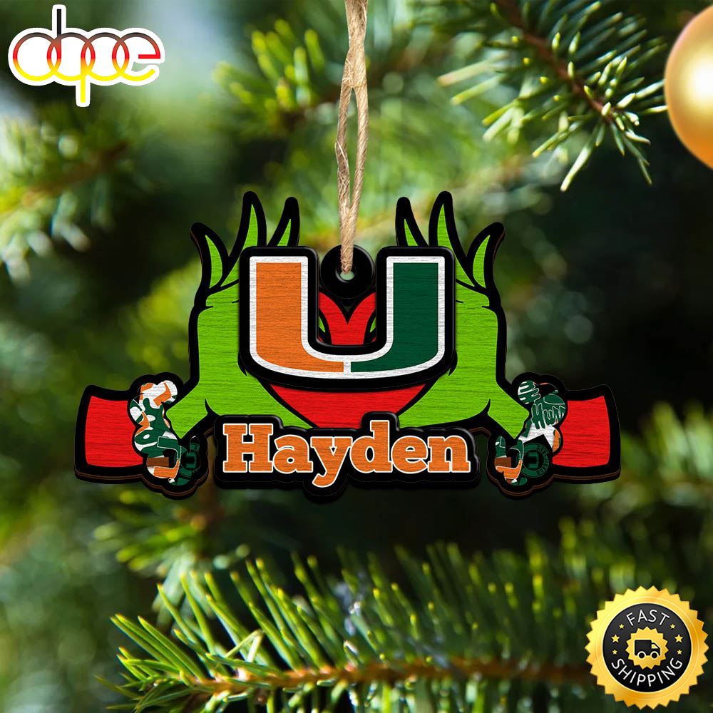 NCAA Miami Hurricanes Grinch Christmas Ornament Personalized Your Name