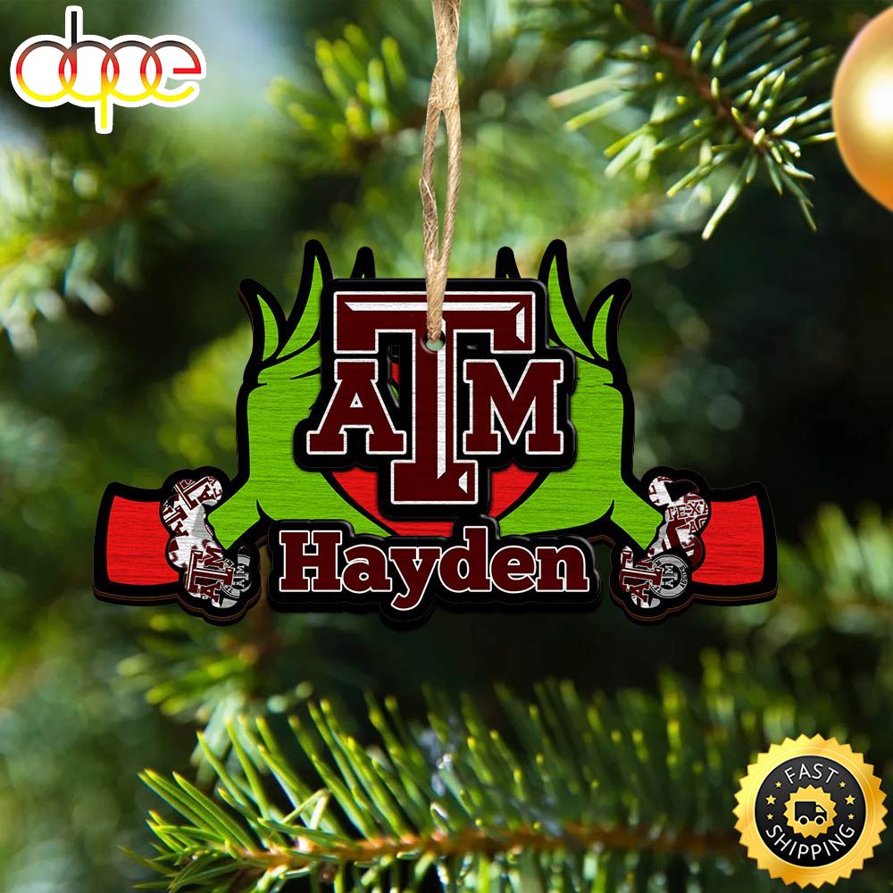 NCAA Texas A&M Aggies Grinch Christmas Ornament Personalized Your Name