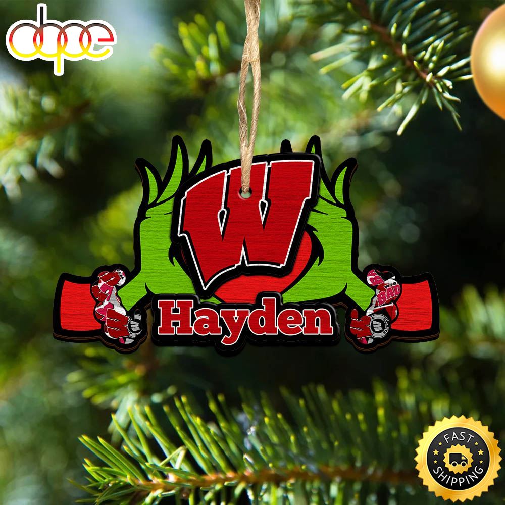 NCAA Wisconsin Badgers Grinch Christmas Ornament Personalized Your Name