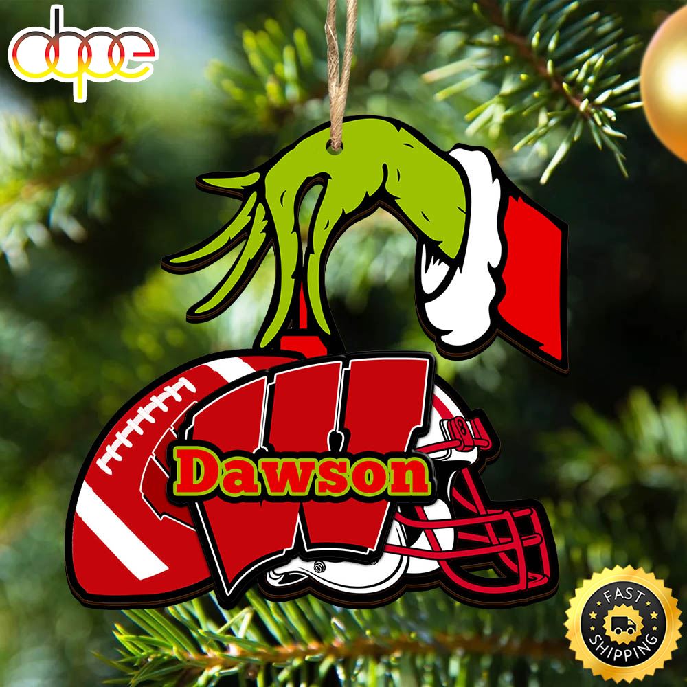 Wisconsin Badgers Personalized Your Name Grinch And Football Ornament
