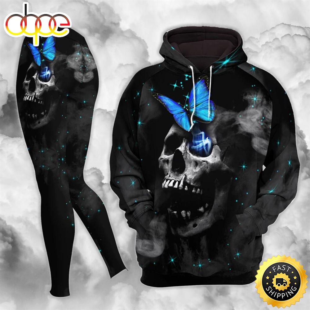 Neon Blue Butterfly Skull Combo Hoodie And Leggings