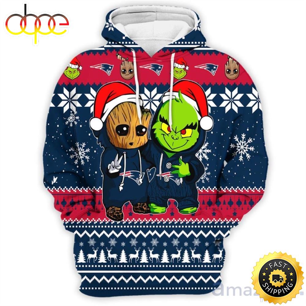 New England Patriots Baby Groot And Grinch Best Friends 3D Hoodie Christmas Sweater Aoinox