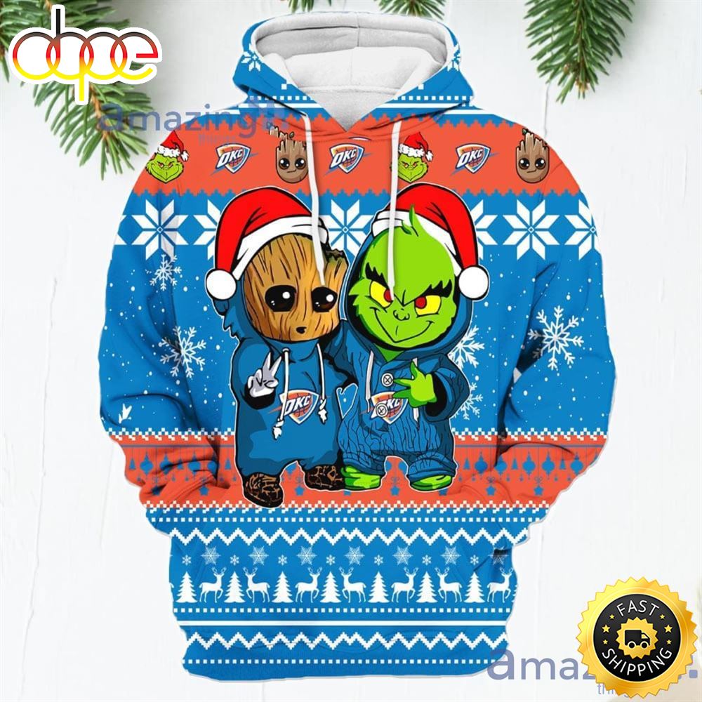 Oklahoma City Thunder Baby Groot And Grinch Best Friends New Trends Christmas Gift 3D Hoodie For Men And Women Uvohss