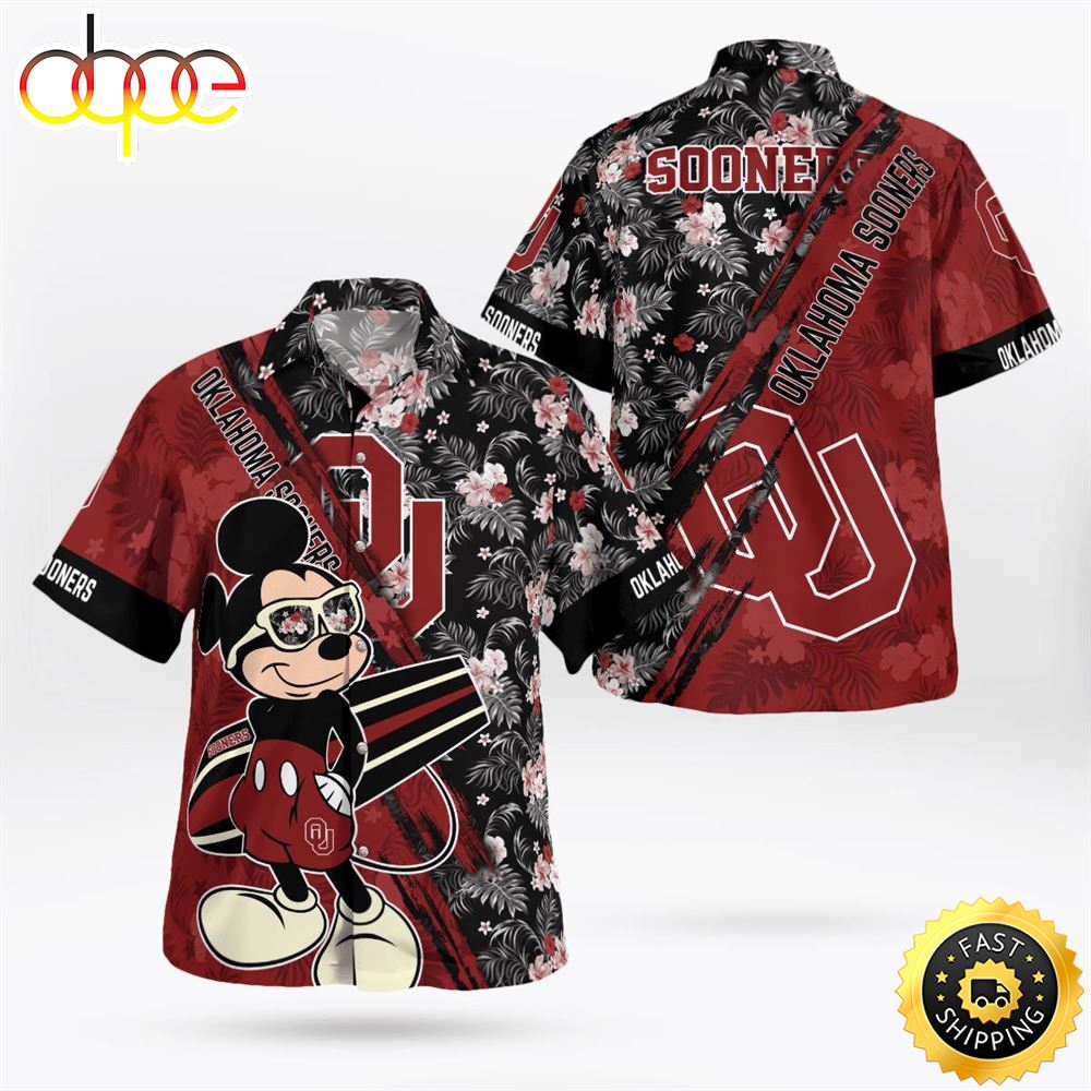 Oklahoma Sooners Mickey Mouse Floral Short Sleeve Hawaii Shirt