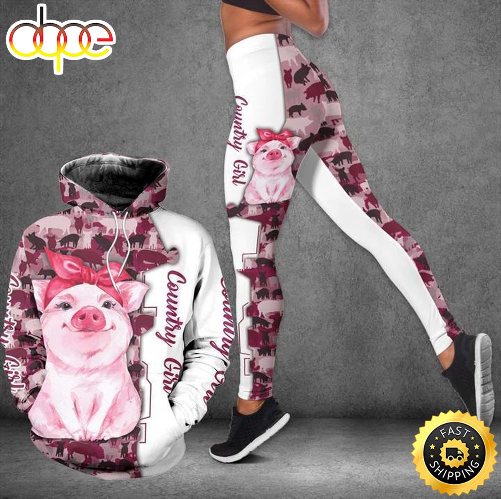 Pig Country Girl All Over Print Leggings Hoodie Set Outfit For Women