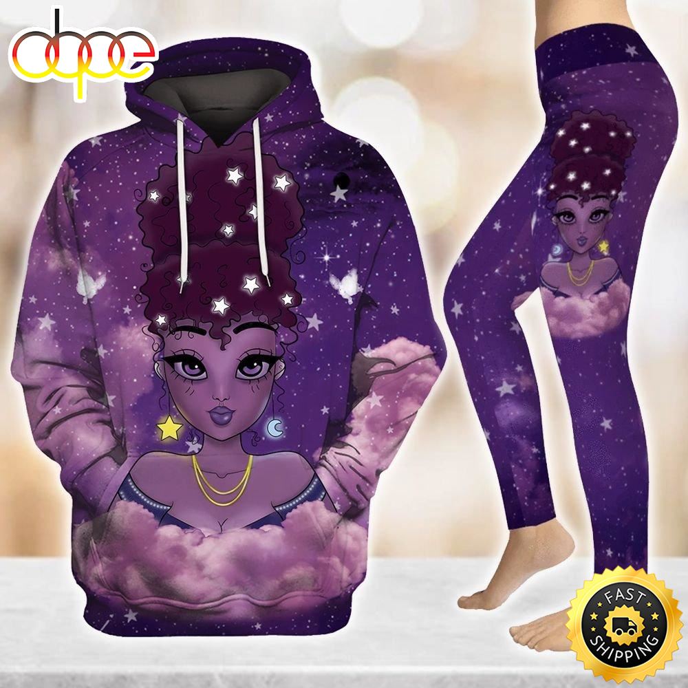 Purple Lovely Moon Star Afro Girl All Over Print Leggings Hoodie Set Outfit For Women N3773z.jpg