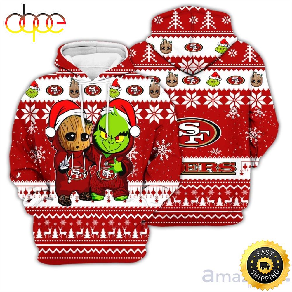 San Francisco 49ers Baby Groot And Grinch Best Friends 3D Hoodie Christmas Sweater Yqm6ag