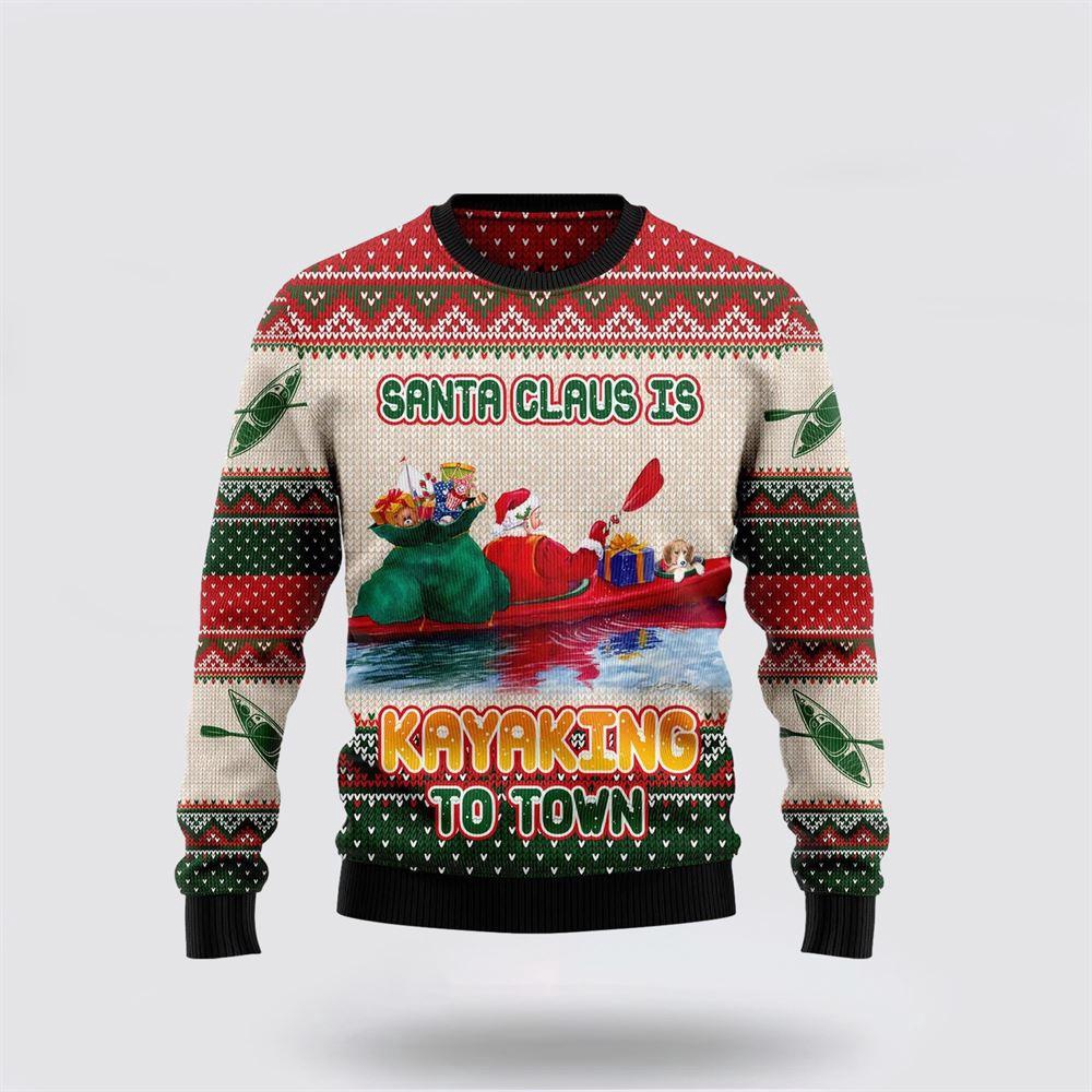 Santa Claus Is Kayaking To Town Ugly Christmas Sweater 1 Tee Hcxish.jpg