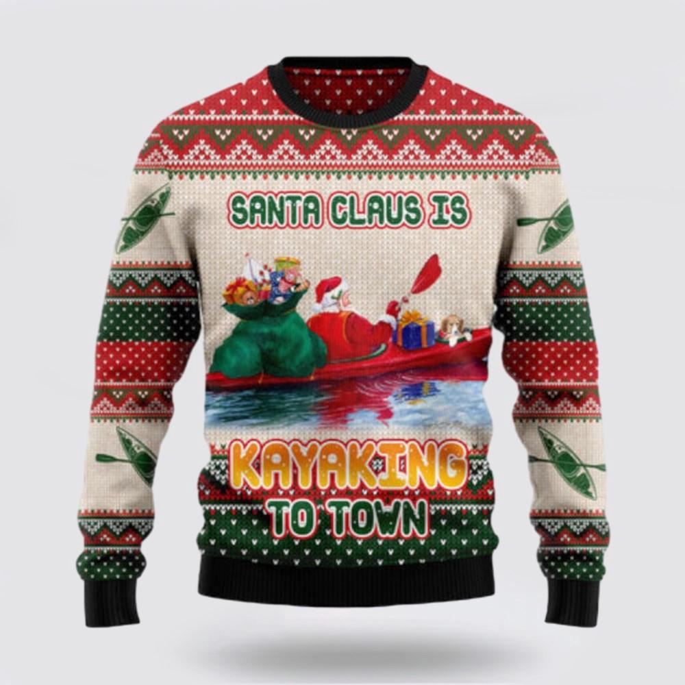 Santa Claus Is Kayaking To Town Ugly Sweater Funny Santa Sweaters 1 Sweater Kz0xqh.jpg