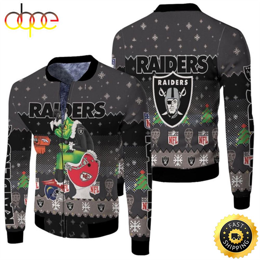 Santa Grinch Las Vegas Raiders Sitting On Chiefs Broncos Chargers Toilet Christmas Gift For Raiders Fans Fleece Bomber Jacket Dkvx6y.jpg