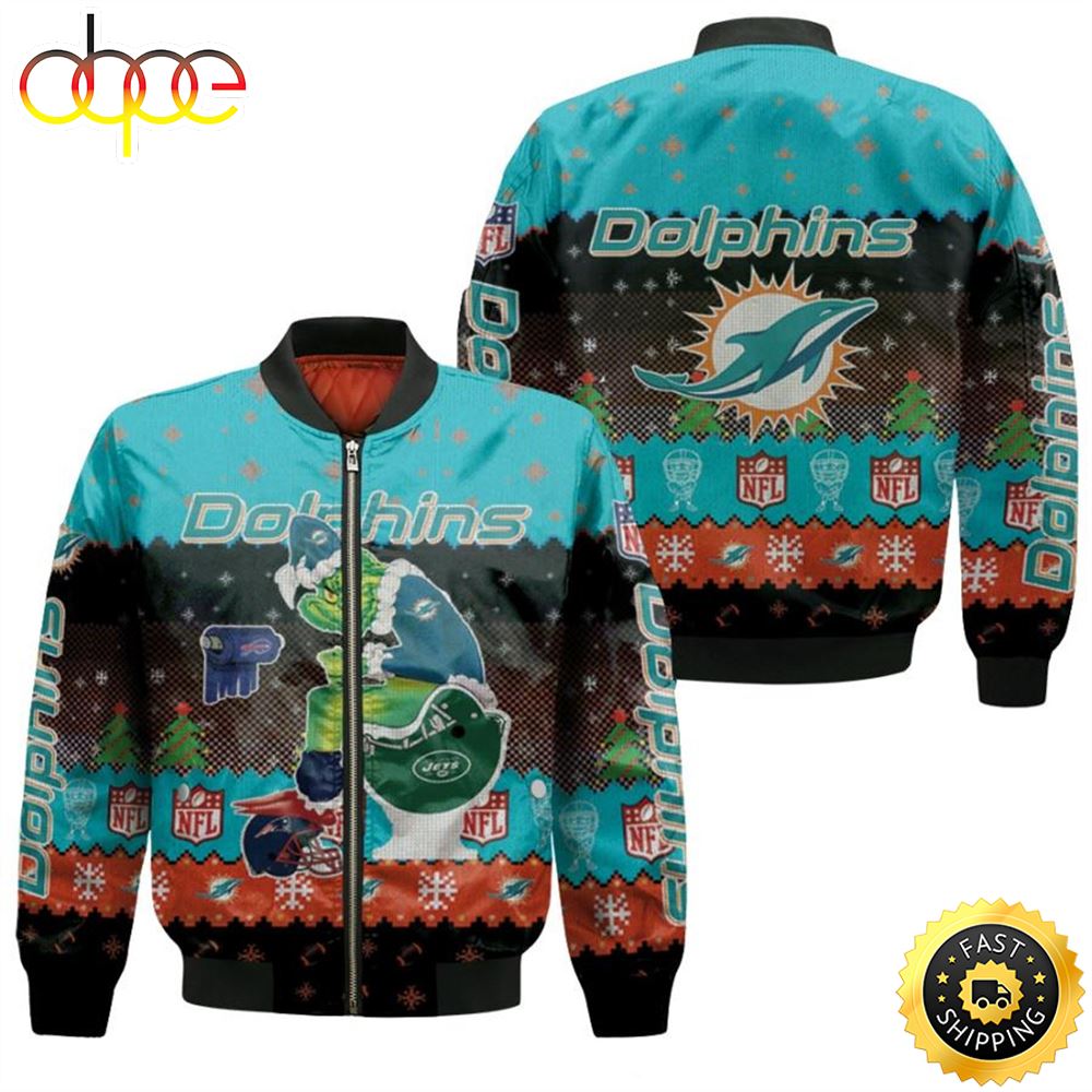 Santa Grinch Miami Dolphins Sitting On Jets Bills Patriots Toilet Christmas Gift For Dolphins Fans Bomber Jacket Ywkjtw.jpg
