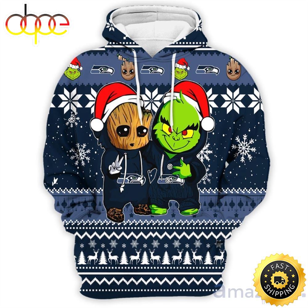 Seattle Seahawks Baby Groot And Grinch Best Friends 3D Hoodie Christmas Sweater R2kwwm
