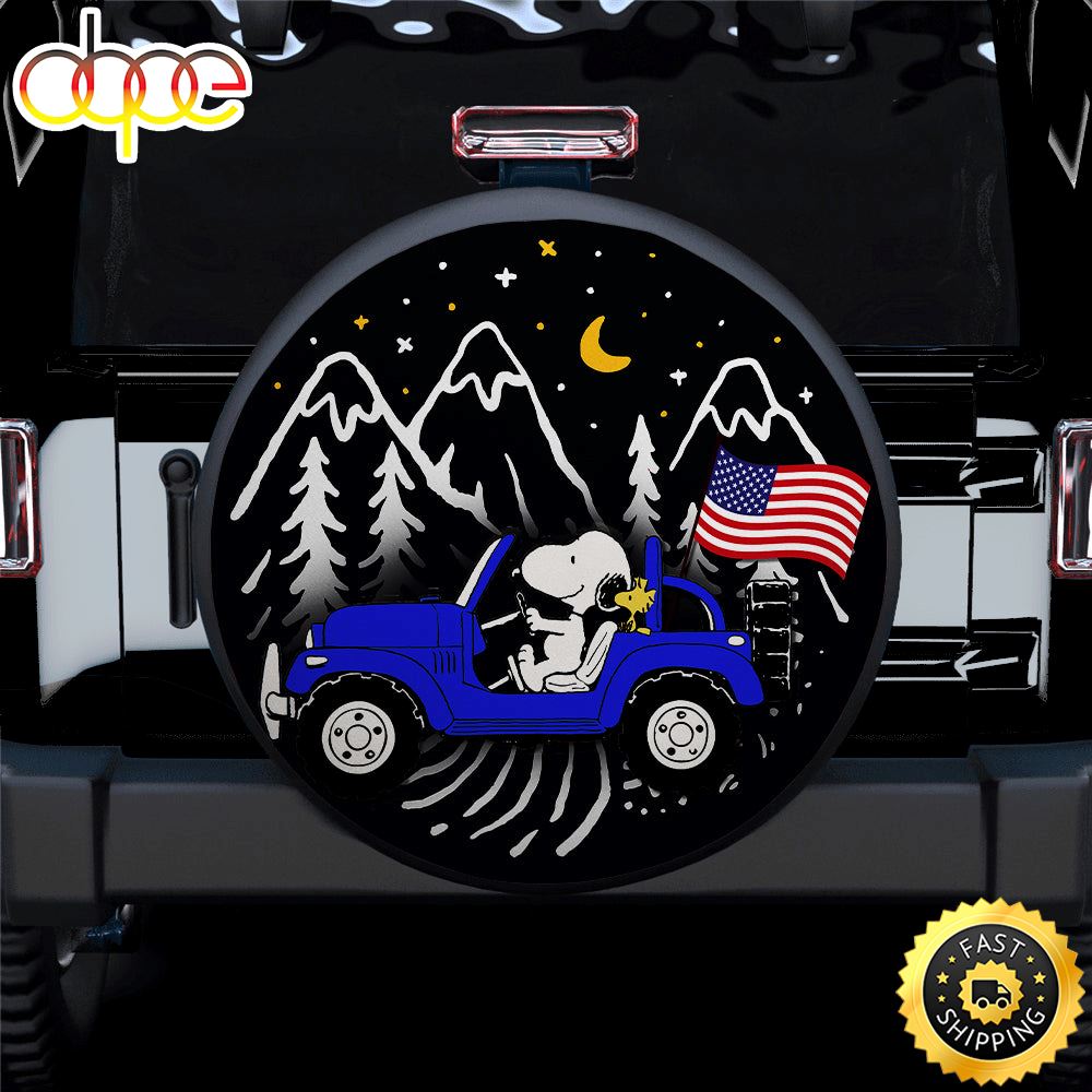 Snoopy Blue Jeep US Flag Mountain Car Spare Tire Covers Gift For Campers Am9oup