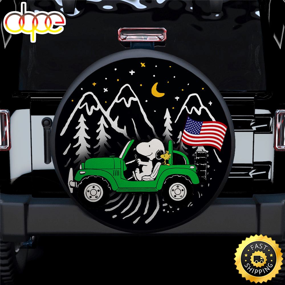 Snoopy Green Jeep US Flag Mountain Car Spare Tire Covers Gift For Campers Enowng
