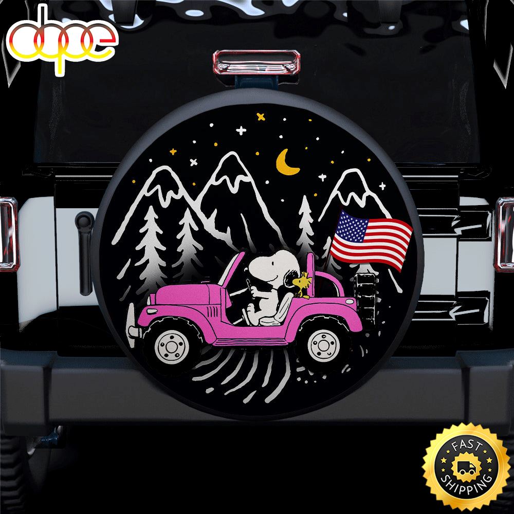 Snoopy Pink Jeep US Flag Mountain Car Spare Tire Covers Gift For Campers Lnznwo