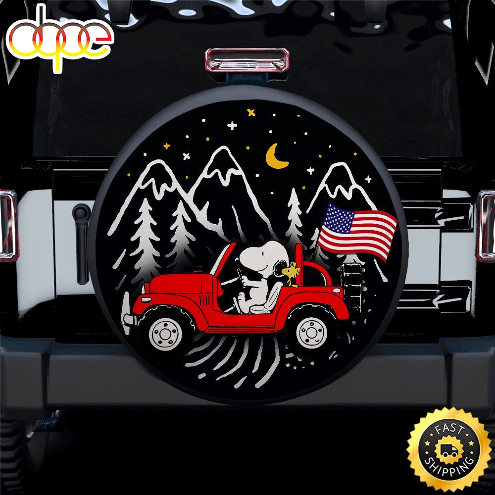 Snoopy Red Jeep US Flag Mountain Car Spare Tire Covers Gift For Campers Bozw0y