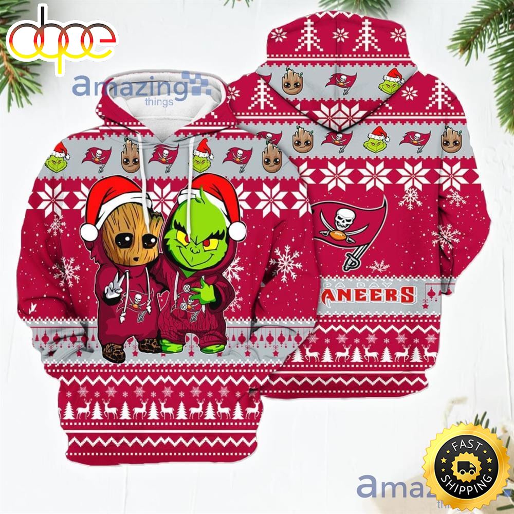 Tampa Bay Buccaneers Baby Groot And Grinch Best Friends New Trends Christmas Gift 3D Hoodie For Men And Women Lqc8he