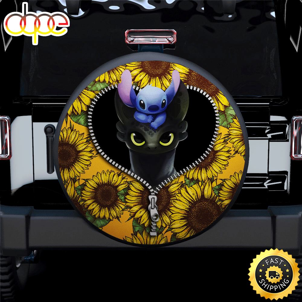 Toothless And Stitch Sunflower Zipper Car Spare Tire Covers Gift For Campers Xfx5gs