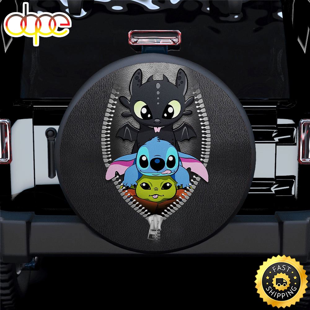 Toothless Baby Yoda Stitch Zipper Car Spare Tire Covers Gift For Campers 